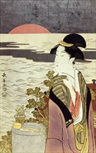 A girl and the sunrise over the sea at New Year, by Eishosai Choki. Japan, 18th century
