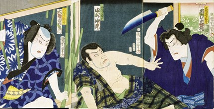 Ichimura Kakitu attacks Nakamura Nakazo with a knife, by Ichiyosai Kunichika. Japan, 19th century