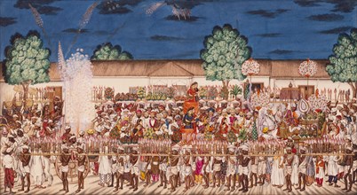 Hindu Marriage procession through a bazaar by night. Tanjore, India, early 19th century. 
Londres,