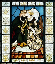 Stained glass panel depicting a scene from King Rene's honeymoon, by Sir Edward Coley Burne-Jones.