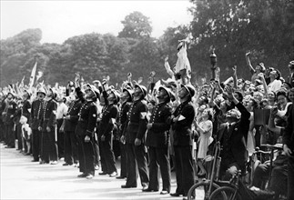 Scene of cheering crowd on the Champs-Elysées during the Liberation of Paris