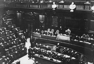 Mussolini delivering a speech before the Italian Senate (1938)
