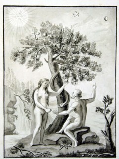 Adam et Eve au pied de l’arbre de la Connaissance, avec le serpent tentateur leur offrant la pomme