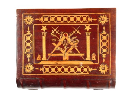 Wooden book-shaped casket with Masonic decoration.