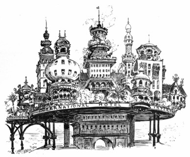 International Hotel at the top of the Arc of Triumph, in Paris (France), illustration by Robida