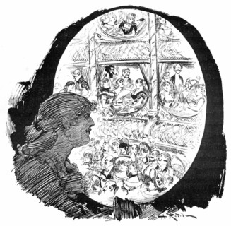 Opera hall by telephonescope, illustration by Robida