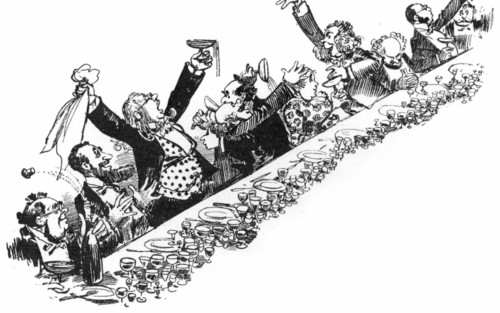 The dinner of the Association of restored criminals, illustration by Robida