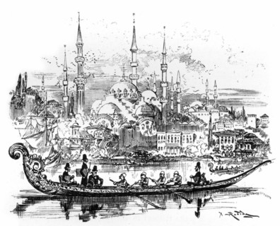 Congress of justices going to seize the Ottoman door, illustration by Robida