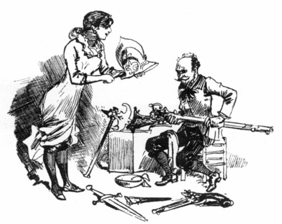 The shining and polishing of weapons  in the families, illustration by Robida