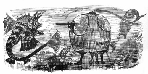 Submarine hunts at the MainTube, illustration by Robida