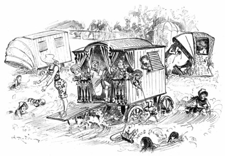 Cabins at the seaside, illustration by Robida