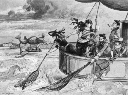 The fishing party in an air yacht, illustration by Robida