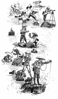 First meeting of engineers for the construction of a new continent, illustration by Robida