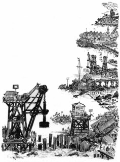Constuction work of the sixth continent, illustration by Robida