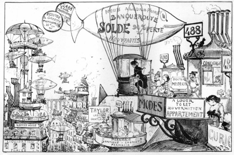 Advertising on the rooftops, illustration by Robida