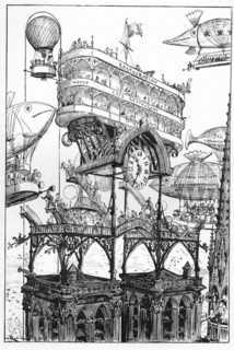 Central Airship Station at Notre-Dame, illustration by Robida