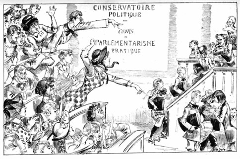 The political conservatory, parliamentarianism  classes, illustration by Robida