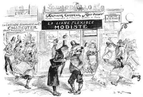 Tomahawk- City, capital of the county of Peau-Rouge, illustration by Robida