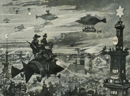 Aerial view of Paris, illustration by Robida