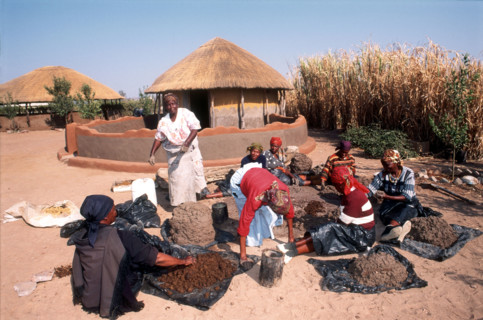 Ladies mixing mud to make a traditional wall
\n