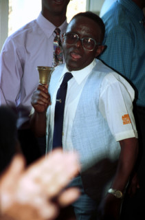 Tata Farrington rings his bell during singing and dancing at his church in Pietermaritzburg,