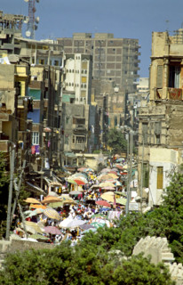 AERIAL OF COLOURFUL MARKETS OF ALEXANDRIA\\'S SLUMS, EGYPT