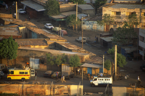 Street scene in the early morning, Bamako, Mali, taken from the top floor of Sofitel Hotel
