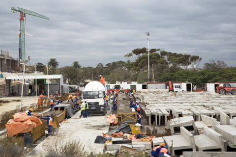 Construction of the Nelson Mandela Bay Stadium in Port Elizabeth is underway. The stadium in the
