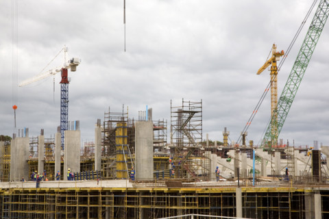 Construction of the Nelson Mandela Bay Stadium in Port Elizabeth is underway. The stadium in the