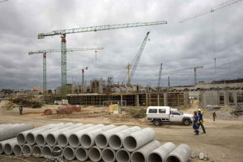 Construction of the Nelson Mandela Bay Stadium in Port Elizabeth is underway. The stadium in the