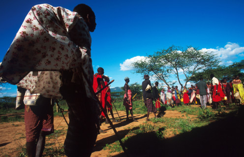 The Samburu community at Nagorowuro outside Wamba gather to receive food aid brought by EdFri International