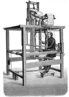 Jacquard loom, with swags of punched cards from which pattern was woven