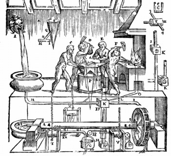 Woodcut showing Hero of Alexandria's (lst century AD) mechanical blacksmiths