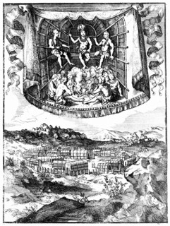 Gravure sur cuivre représentant le chef Wahunsonacock et un village fortifié de Virginie et de l'est de la Baie de Chesapeake