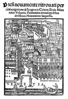 Gravure représentant la page des récits de voyages de Vespucci, 1521