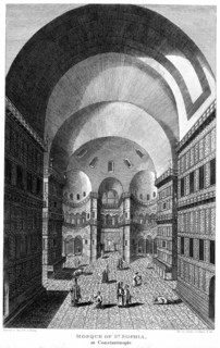 Gravure représentant l'intérieur de l'église Sainte Sophie à Constantinople agrandie en cathédrale en 537. Utilisée ici comme une mosquée