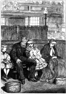 Gravure représentant une famille sur le banc d'une église au service du dimanche, publiée en 1862