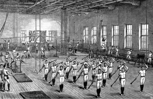 Engraving showing the Young Men's Christian Association exercising in a gymnasium