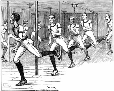 Engraving showing the Young Men's Christian Association exercising in a gymnasium