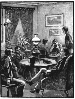 Engraving showing the sitting room at Young Men's Christian Association  where young men could relax and receive visitors