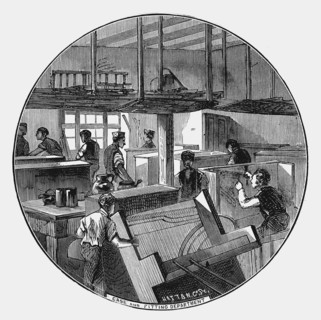 Engraving showing the case and fitting department, Chappell & Company's piano works