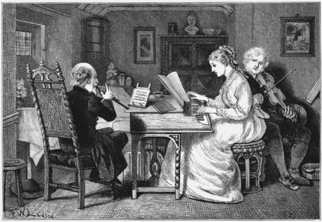 Engraving showing one woman and two men making music