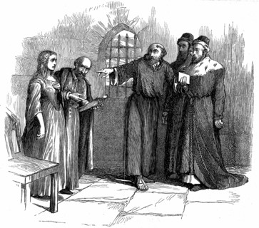 Gravure représentant Lucrèce Castellani accusée d'hérésie devant l'Inquisition à Turin avoir assisté à un service religieux vaudois interdit