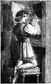 Gravure représentant un jeune vaudois cachant sa Bible vernaculaire