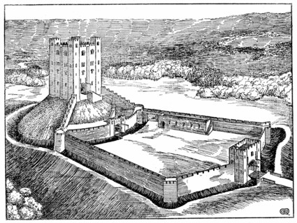 Schema d'un chateau normand inspire du chateau de Hedingham, dans l'Essex, Angleterre