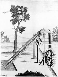 Deux vis d'Archimede actionnees par une roue en dessous servant a faire monter l'eau