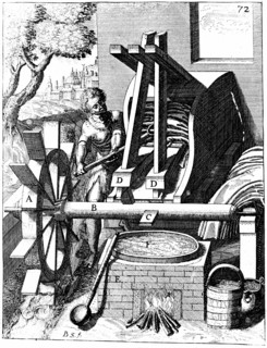 Roue en dessous actionnant une machine a foulage