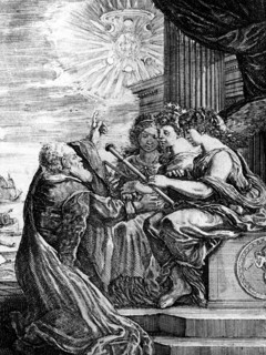 Galilee presentant son telescope aux Muses et montrant du doigt un systeme heliocentrique