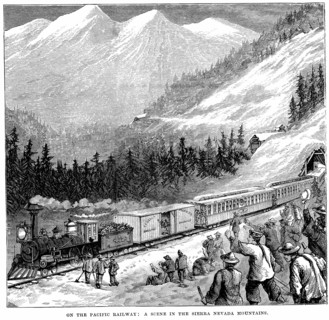 Engraving showing the Central Pacific Railroad in the Sierra Nevada mountains