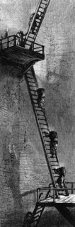 Gravure représentant des femmes montant  une échelle pour porter le charbon en haut du puits de mine. Ecosse, déut du 19e siècle